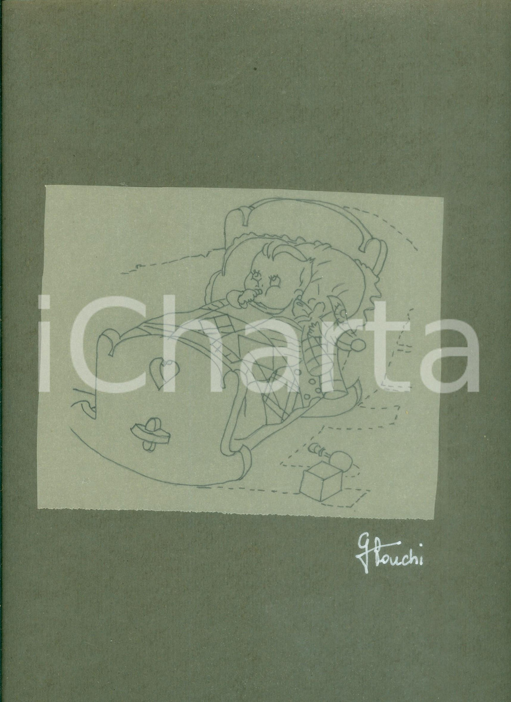 Stampa, bozzetto originale 1940 ca Disegno originale pittrice Gianna RONCHI Bimbo in culla AUTOGRAFO 1