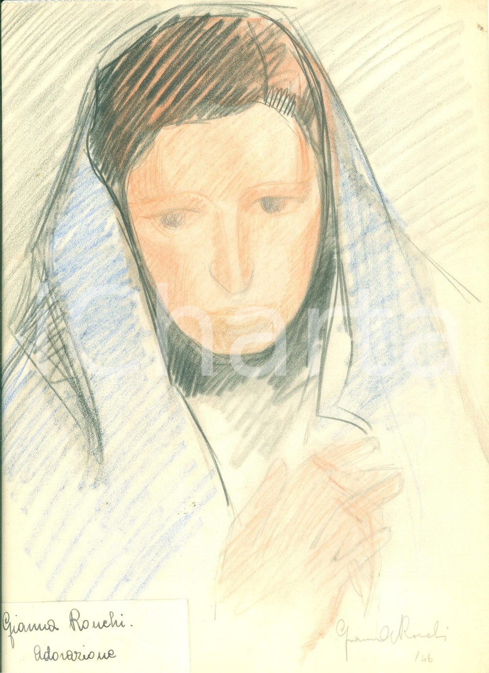 Stampa, bozzetto originale 1946 ADORAZIONE Disegno originale pittrice Gianna RONCHI a pastello AUTOGRAFO 1