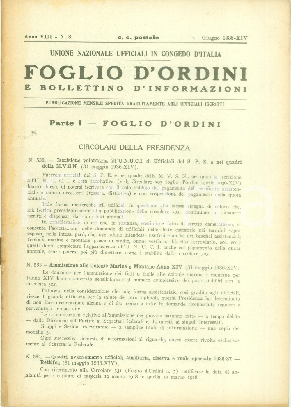 Documento originale, autentico 1936 ROMA U.N.U.C.I. Foglio d ordini Circolari della Presidenza Rivista 1