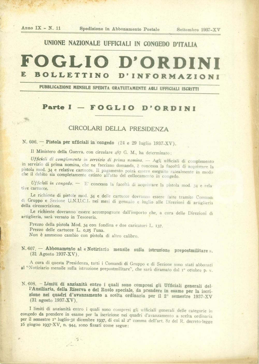 1937 ROMA U.N.U.C.I. Foglio d'ordini Discorso del DUCE e Grandi Manovre