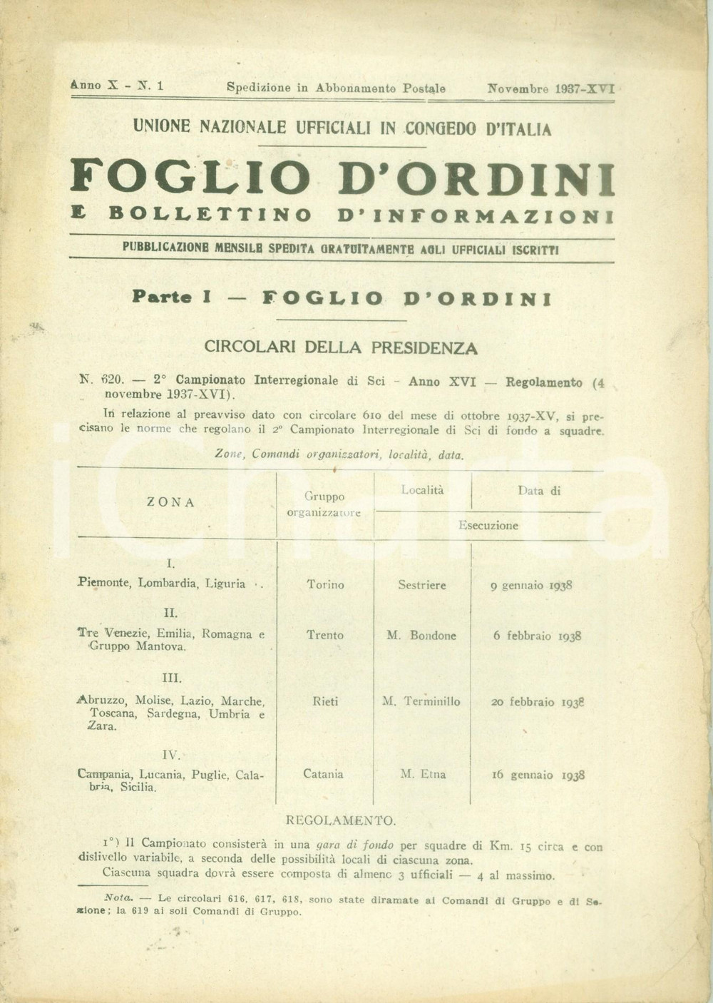 Documento originale, autentico 1937 ROMA U.N.U.C.I. Foglio d ordini AttivitÃ  delle Forze Armate nell Anno XV 1