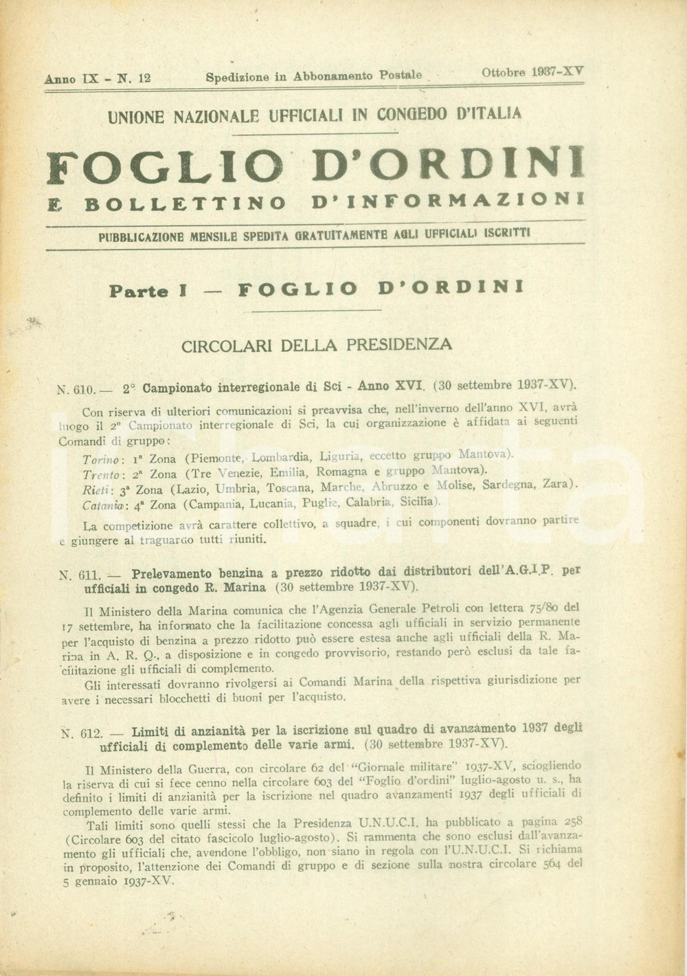 Documento originale, autentico 1937 ROMA U.N.U.C.I. Foglio d ordini Mostra premilitari e postmilitari 1