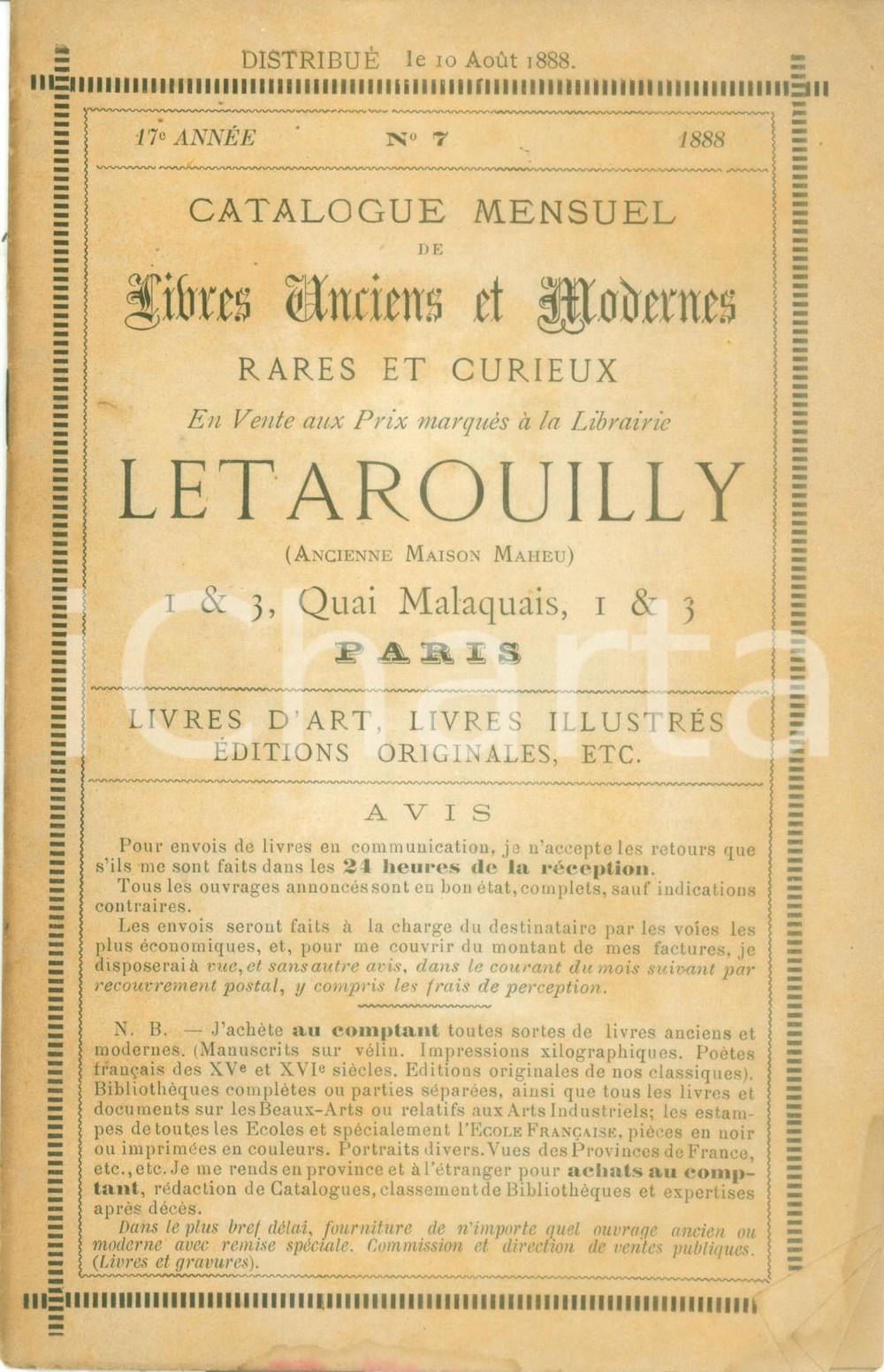 Libro, pubblicazione d epoca 1888 PARIS Librairie LETAROUILLY Catalogue mensuel Livres anciens et modernes 7 1