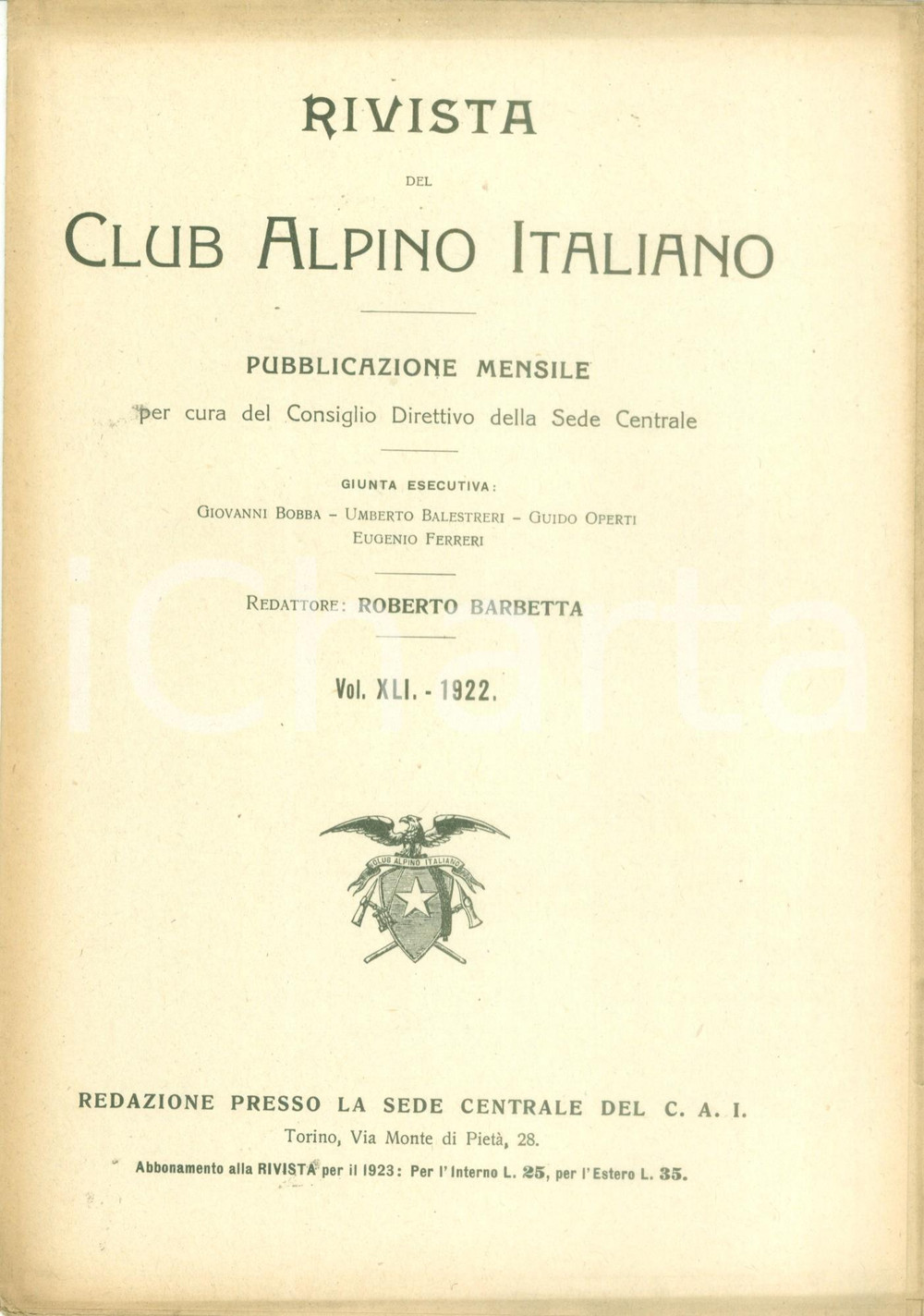 Giornale, rivista storica 1922 RIVISTA del CLUB ALPINO ITALIANO Indice generale dell annata 1