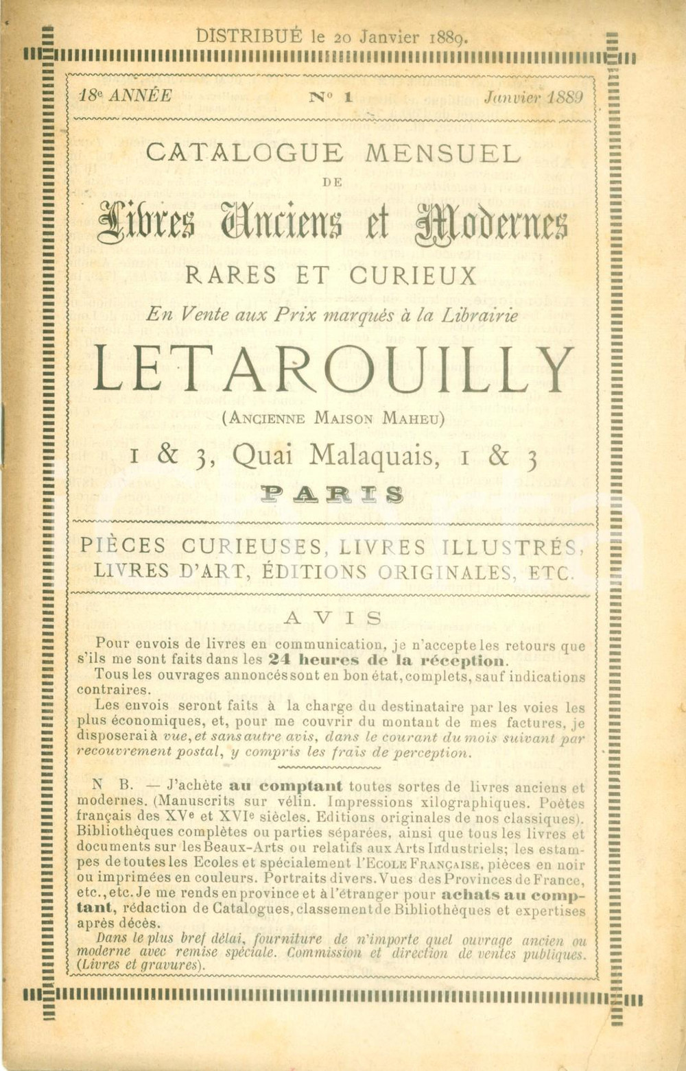 Libro, pubblicazione d epoca 1889 PARIS Librairie LETAROUILLY Catalogue mensuel Livres anciens et modernes 1 1