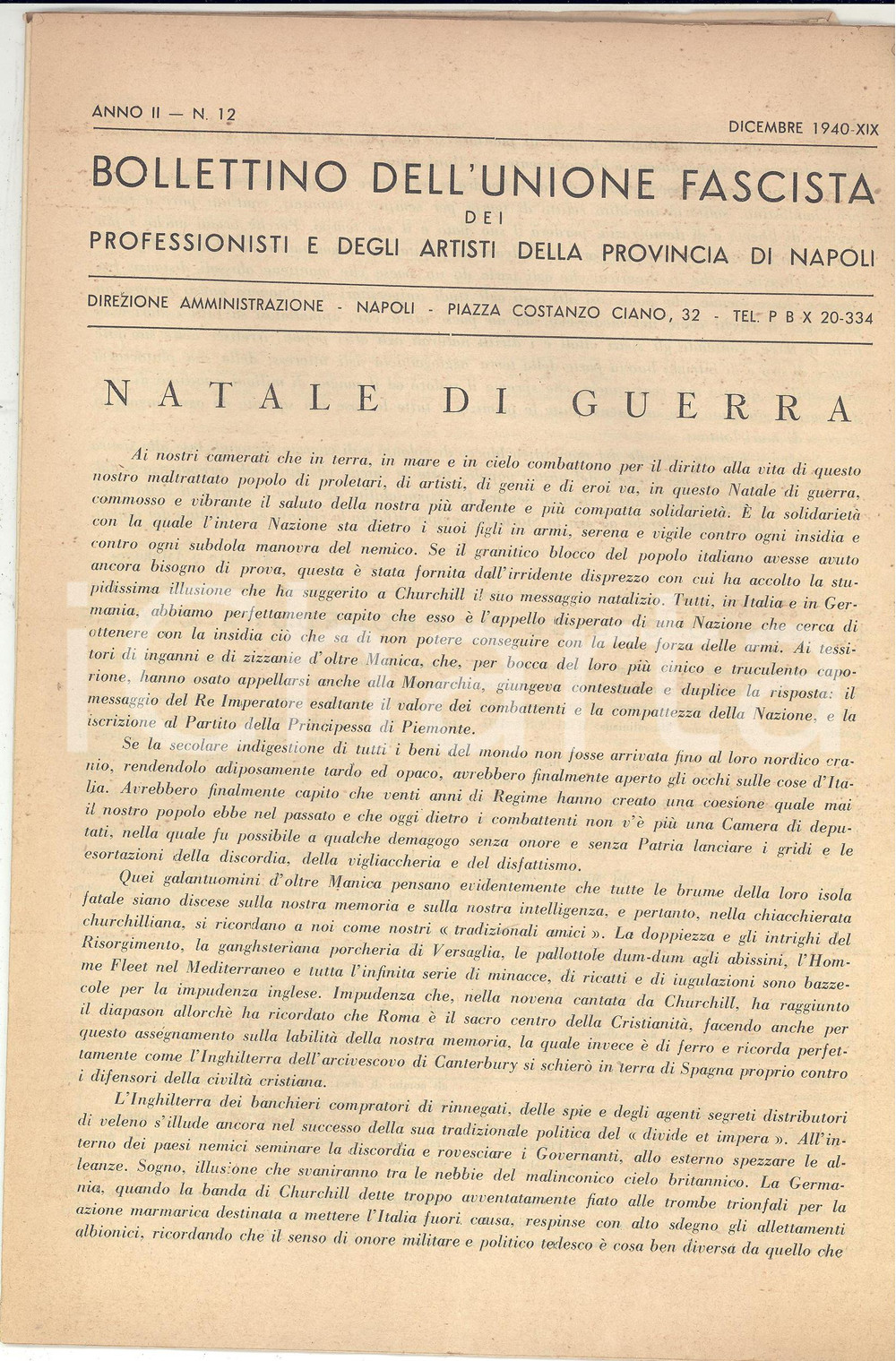 Giornale, rivista storica 1940 NAPOLI Bollettino Professionisti e Artisti Natale di guerra DANNEGGIATO 1
