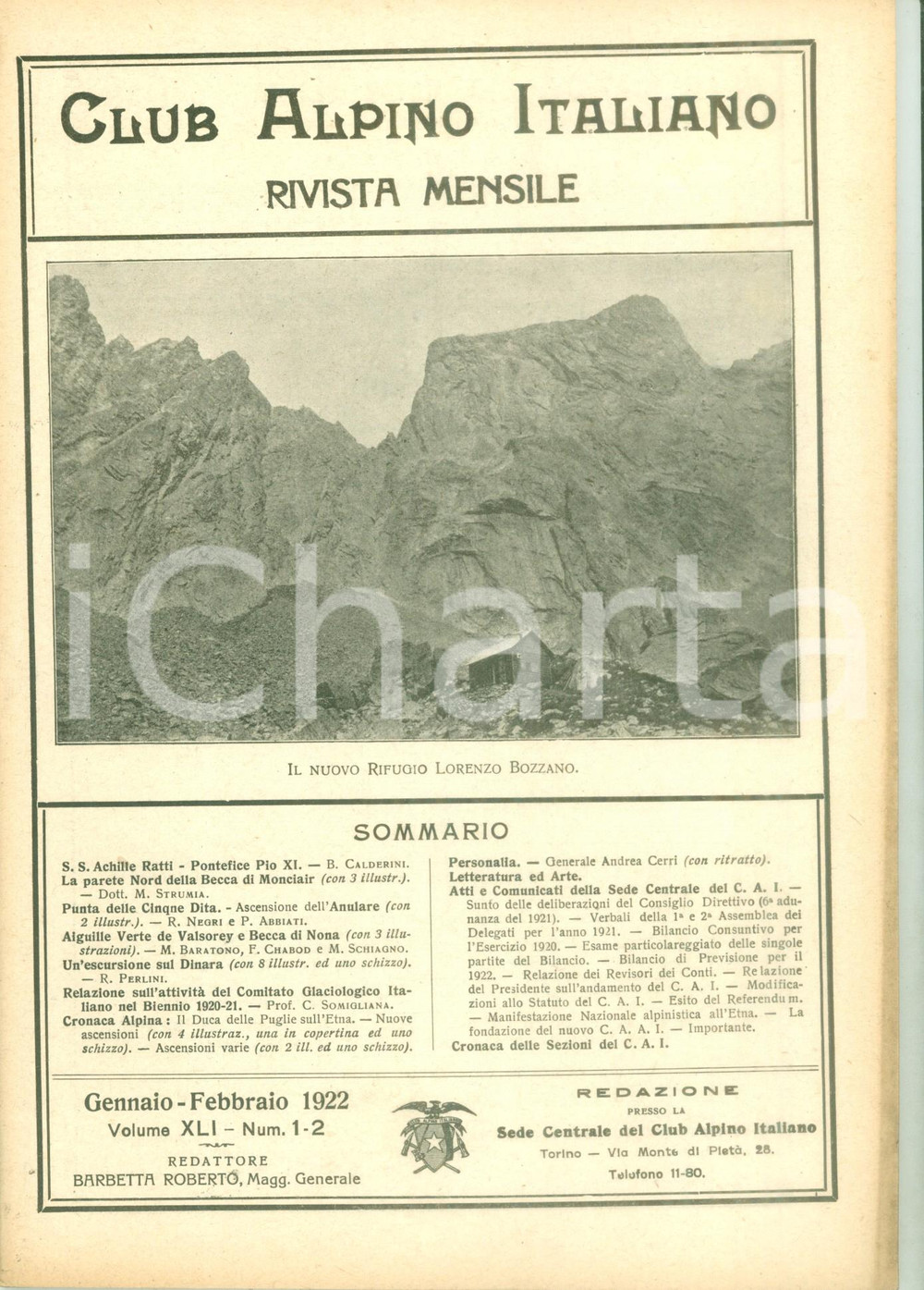 Giornale, rivista storica 1922 RIVISTA CLUB ALPINO ITALIANO Parete Becca di MONCIAIR Rivista XLI n. 12 1