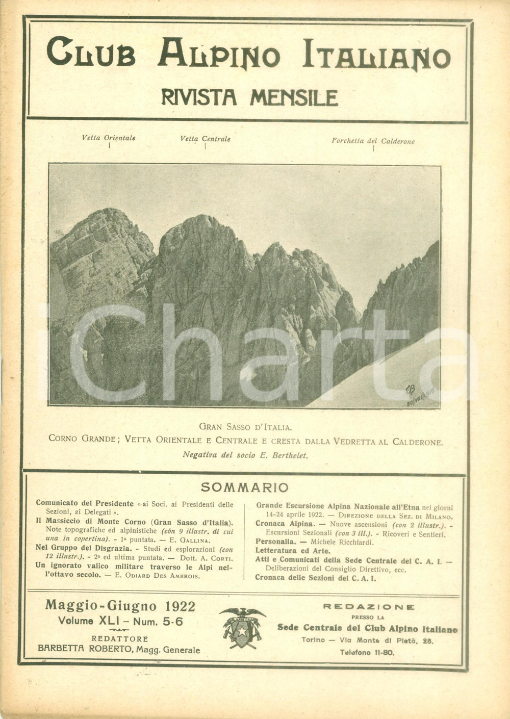 Giornale, rivista storica 1922 RIVISTA CLUB ALPINO ITALIANO Ignorato valico militare Rivista XLI n. 56 1