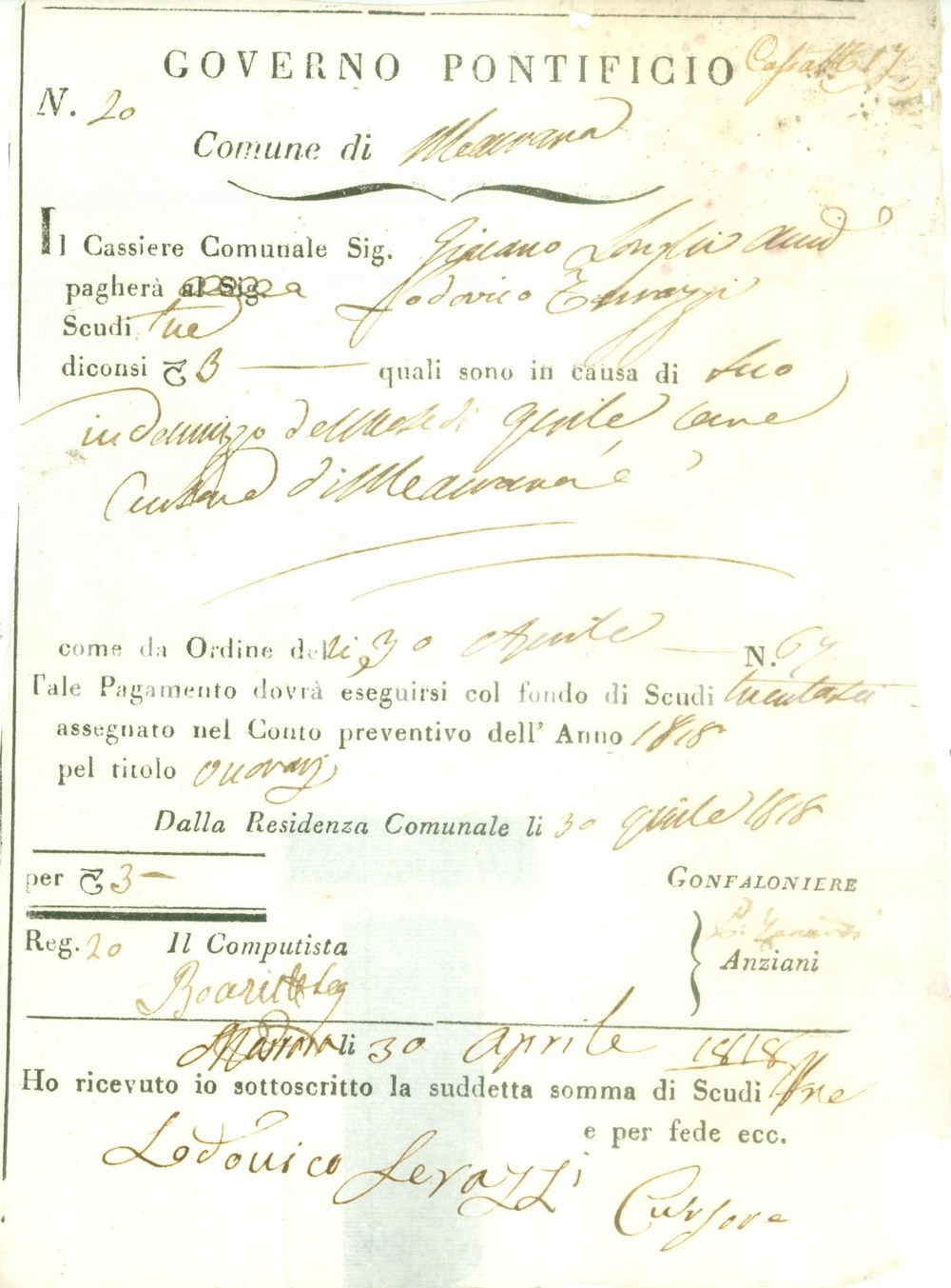 Documento originale, autentico 1818 FERRARA Onorario di Lodovico TERRAZZI cursore di MARRARA Documento 1