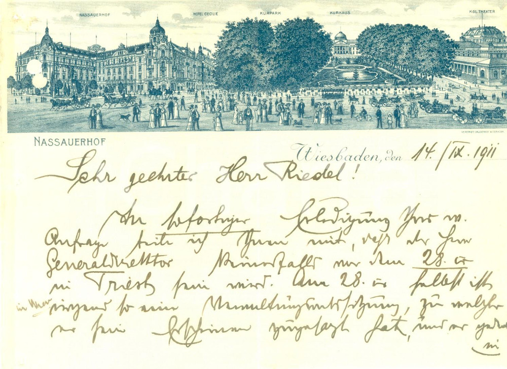 Documento originale, autentico 1911 WIESBADEN GERMANIA Veduta di NASSAUERHOF Lettera su carta intestata 1