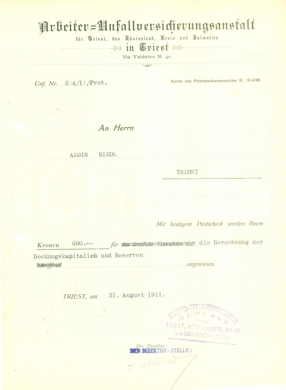 Documento originale, autentico 1911 TRIESTE ArbeiterUnfallversicherungsanstalt Lettera commerciale intestata 1