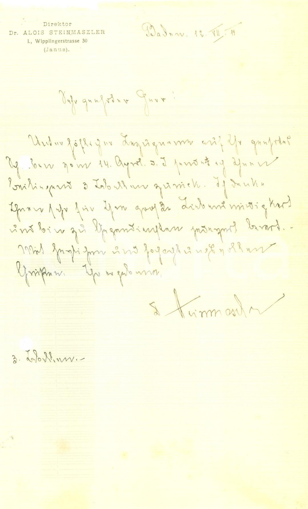 Documento originale, autentico 1911 WIEN Direktor Alois STEINMASZLER Lettera commerciale manoscritta 1