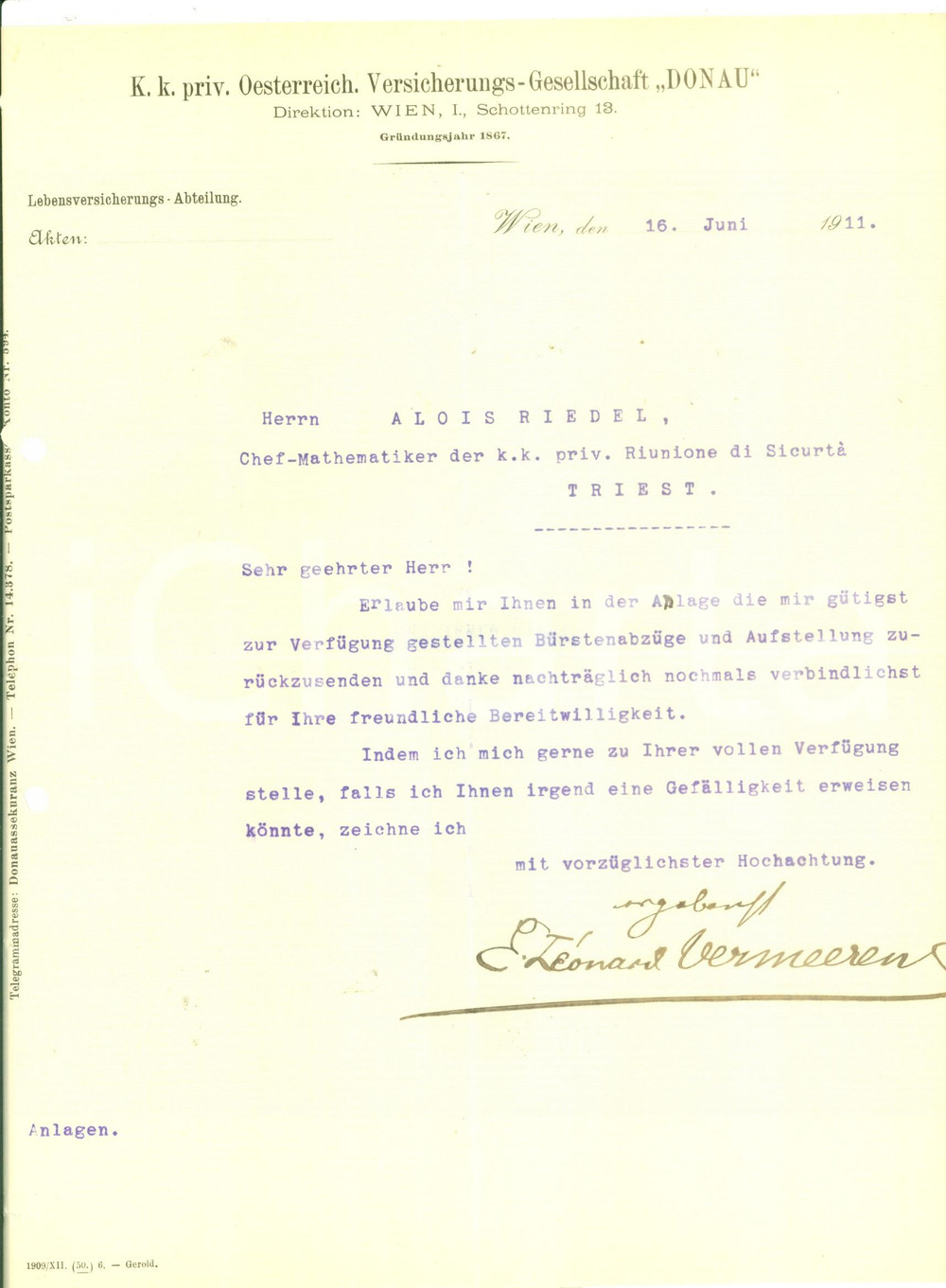 Documento originale, autentico 1911 WIEN Oesterreich. VersicherungsGesellscahft DONAU Lettera commerciale 1