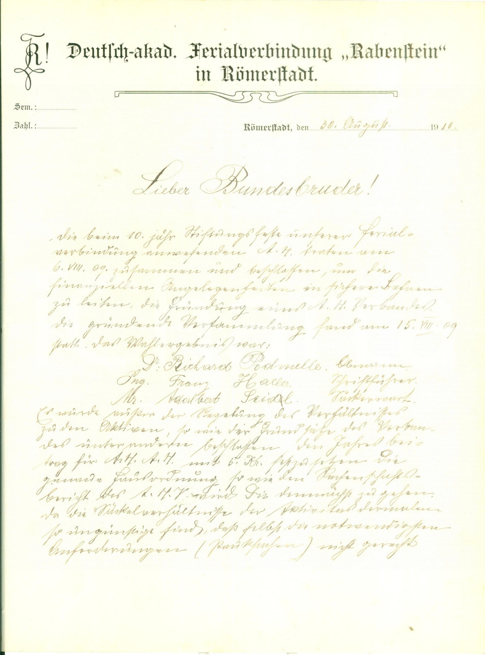 Documento originale, autentico 1910 ROMERSTADT GERMANIA Deutsche Akad. Ferialverbindung RABENSTEIN Lettera 1