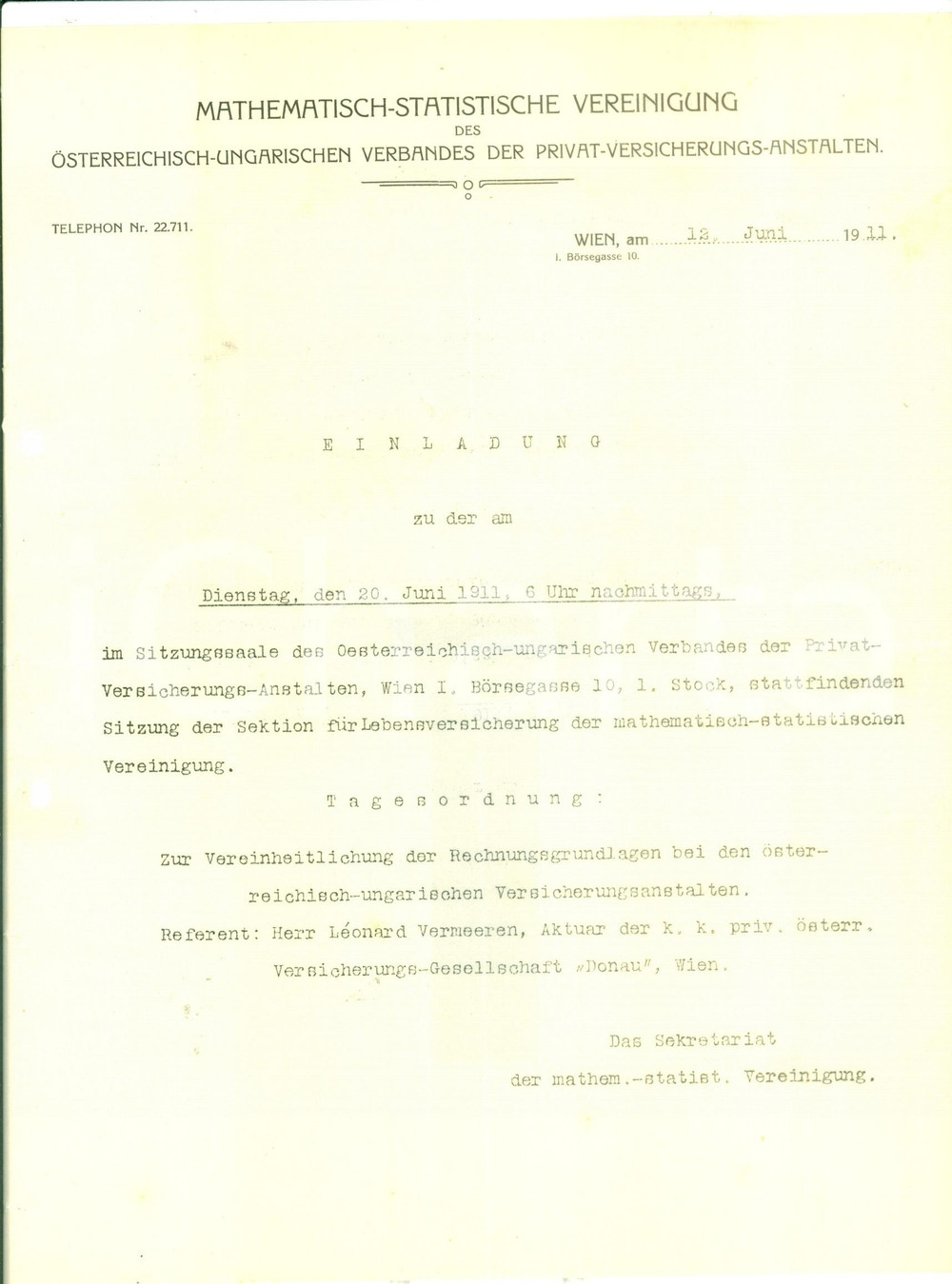 Documento originale, autentico 1911 TRIESTE MathematischStatistische Vereinigung Convocazione assemblea 1