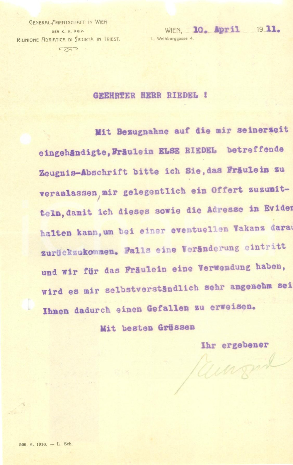 Documento originale, autentico 1911 WIEN GeneralAgentschaft Riunione Adriatica SicurtÃ  Lettera commerciale 1