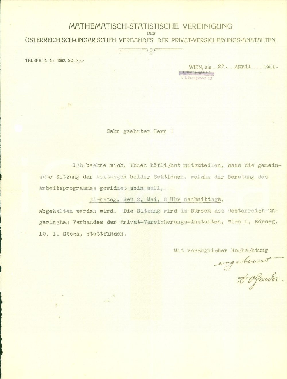 Documento originale, autentico 1911 TRIESTE MathematischStatistische Vereinigung Riunione dell assemblea 1