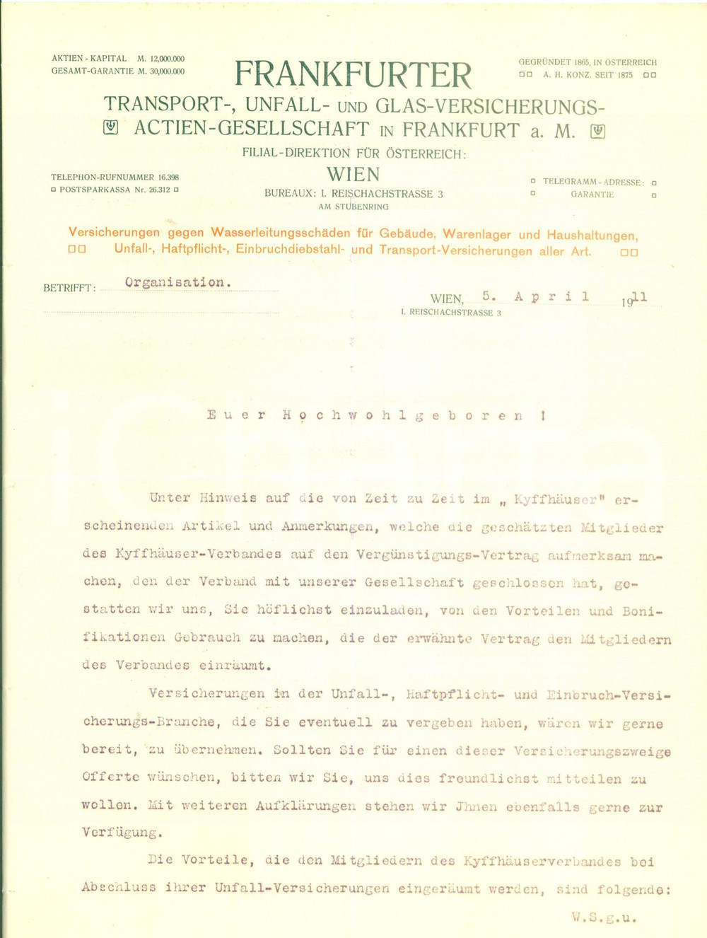 Documento originale, autentico 1911 WIEN Frankfurter Transport Unfall und GlasVersicherungsActienGesellschaft 1