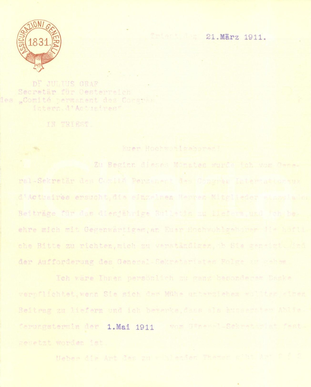Documento originale, autentico 1911 TRIESTE Julius GRAF Segretario Comité Permanent Congrès d Actuaires Lettera 1