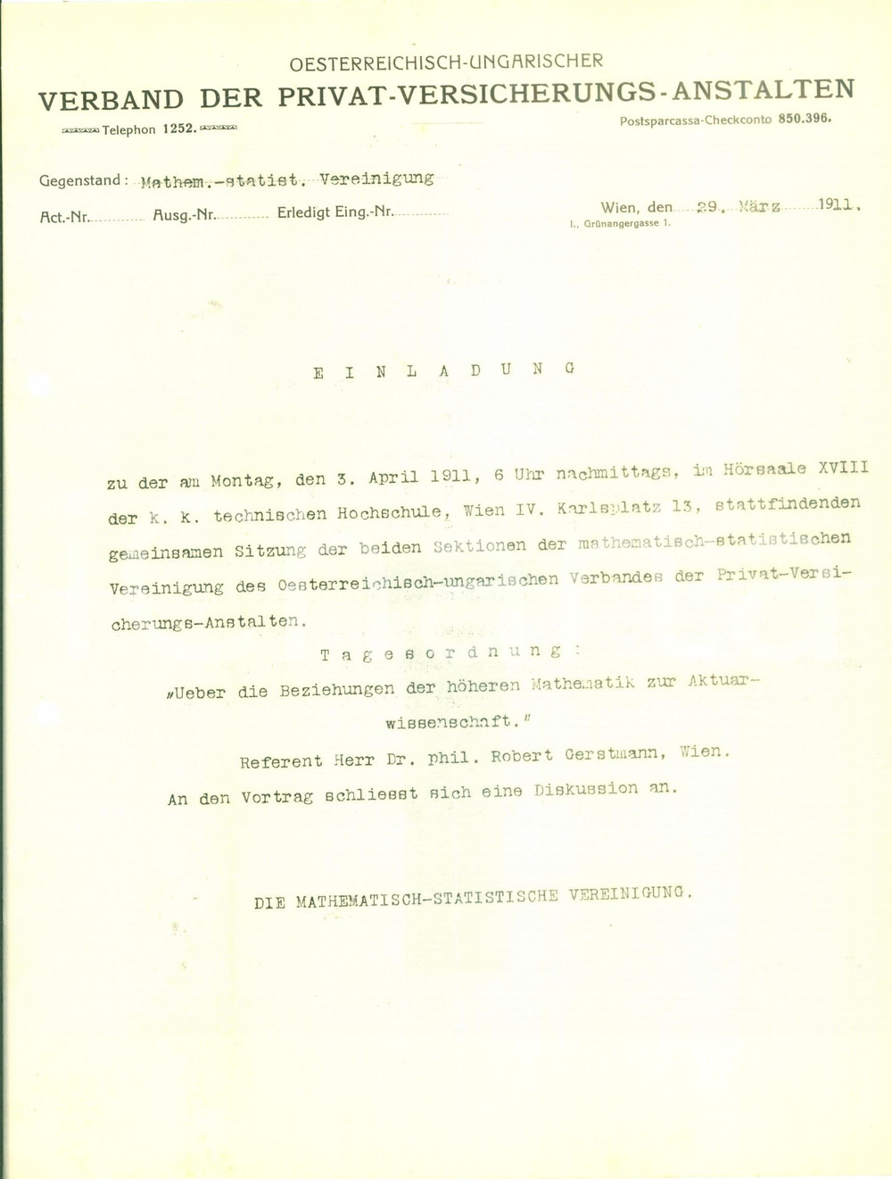 Documento originale, autentico 1911 TRIESTE MathematischStatistische Vereinigung Riunione assemblea Lettera 1