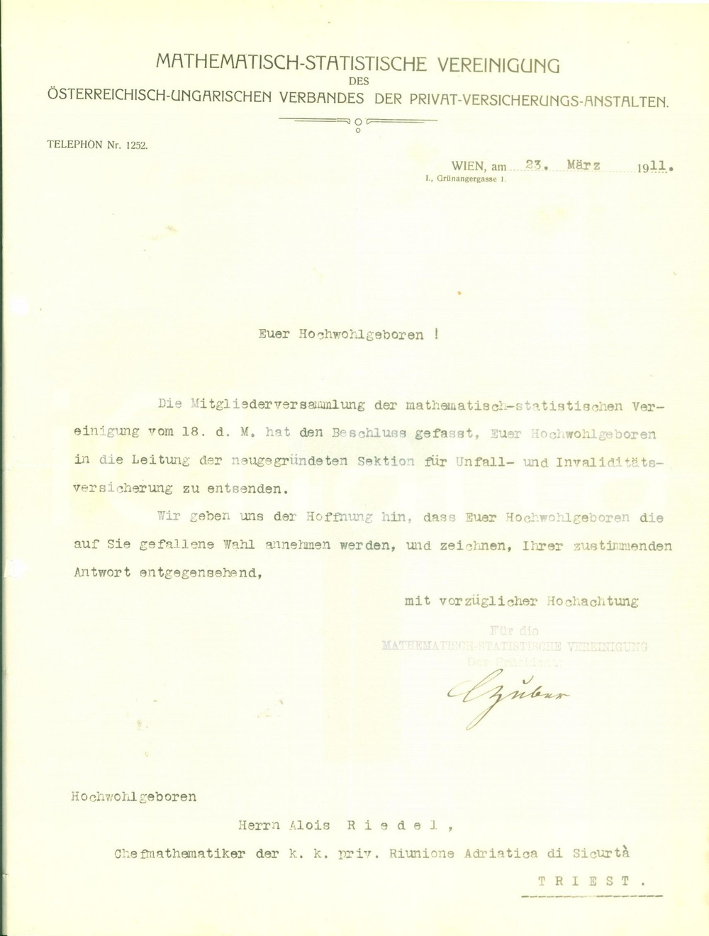 Documento originale, autentico 1911 TRIESTE MathematischStatistische Vereinigung Documento 1