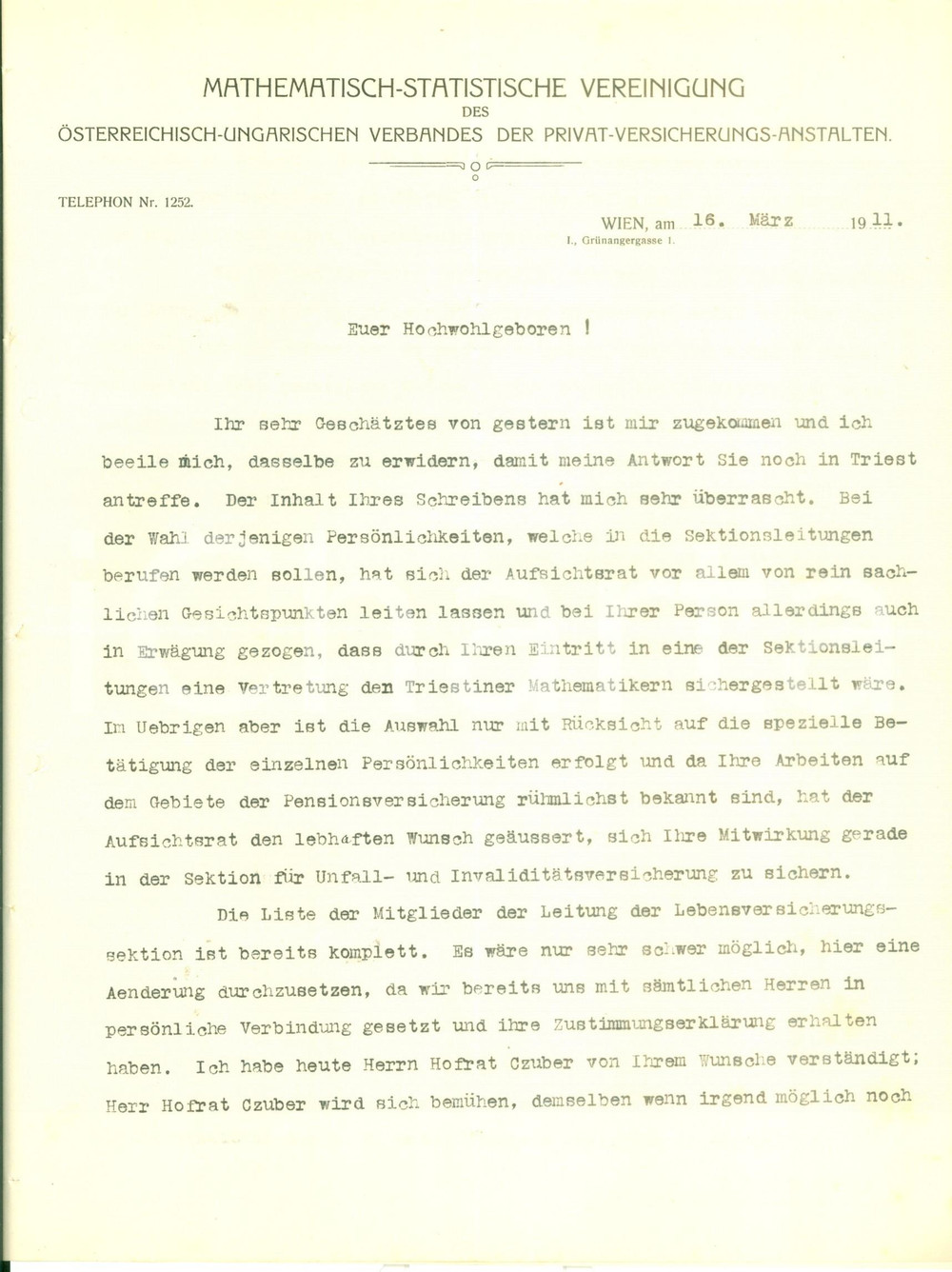 Documento originale, autentico 1911 TRIESTE MathematischStatistische Vereinigung Lettera amministrativa 1