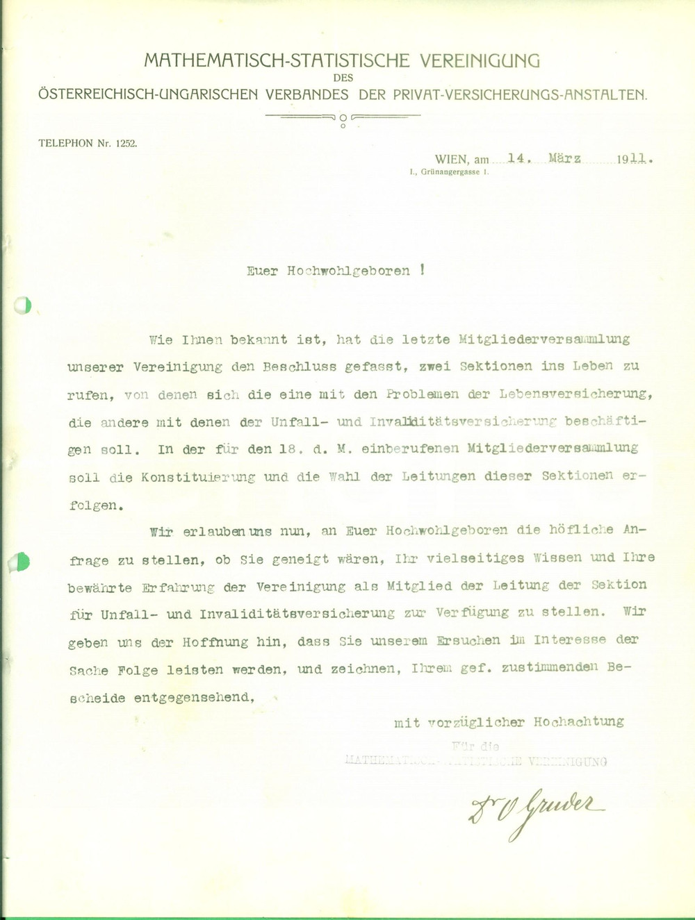 Documento originale, autentico 1911 TRIESTE MathematischStatistische Vereinigung Riunione assemblea Lettera 1