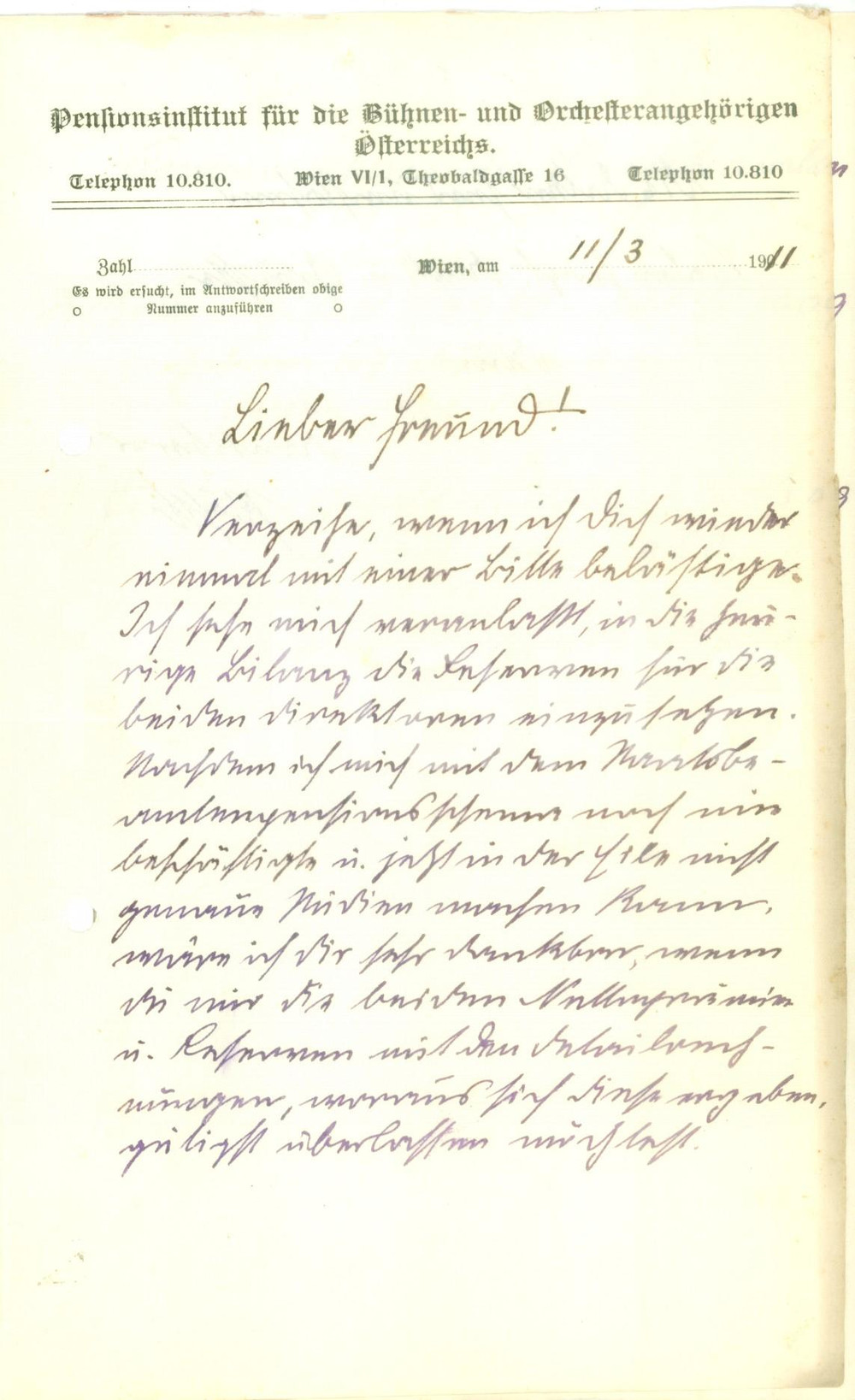 Documento originale, autentico 1911 WIEN Pensionsinstitut fÃ¼r die BÃ¼hnen und OrchesterangehÃ¶rigen Osterreichs 1
