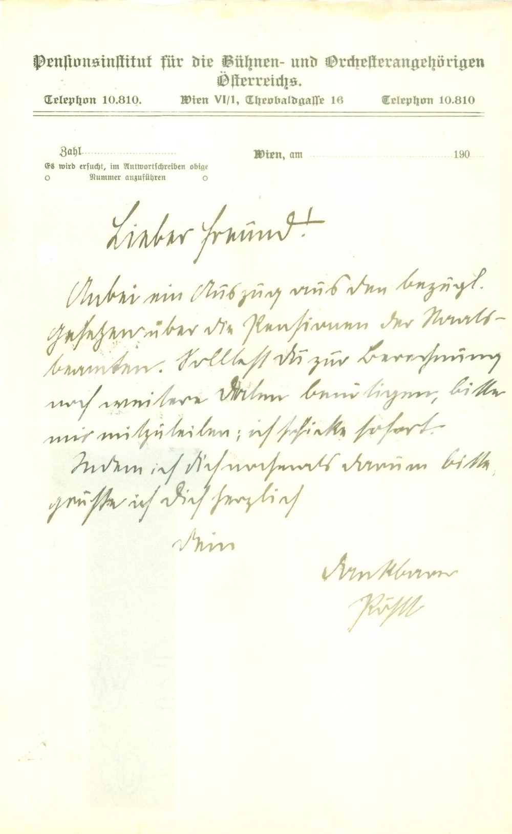 Documento originale, autentico 1910 WIEN Pensionsinstitut fÃ¼r die BÃ¼hnen und OrchesterangehÃ¶rigen Osterreichs 1