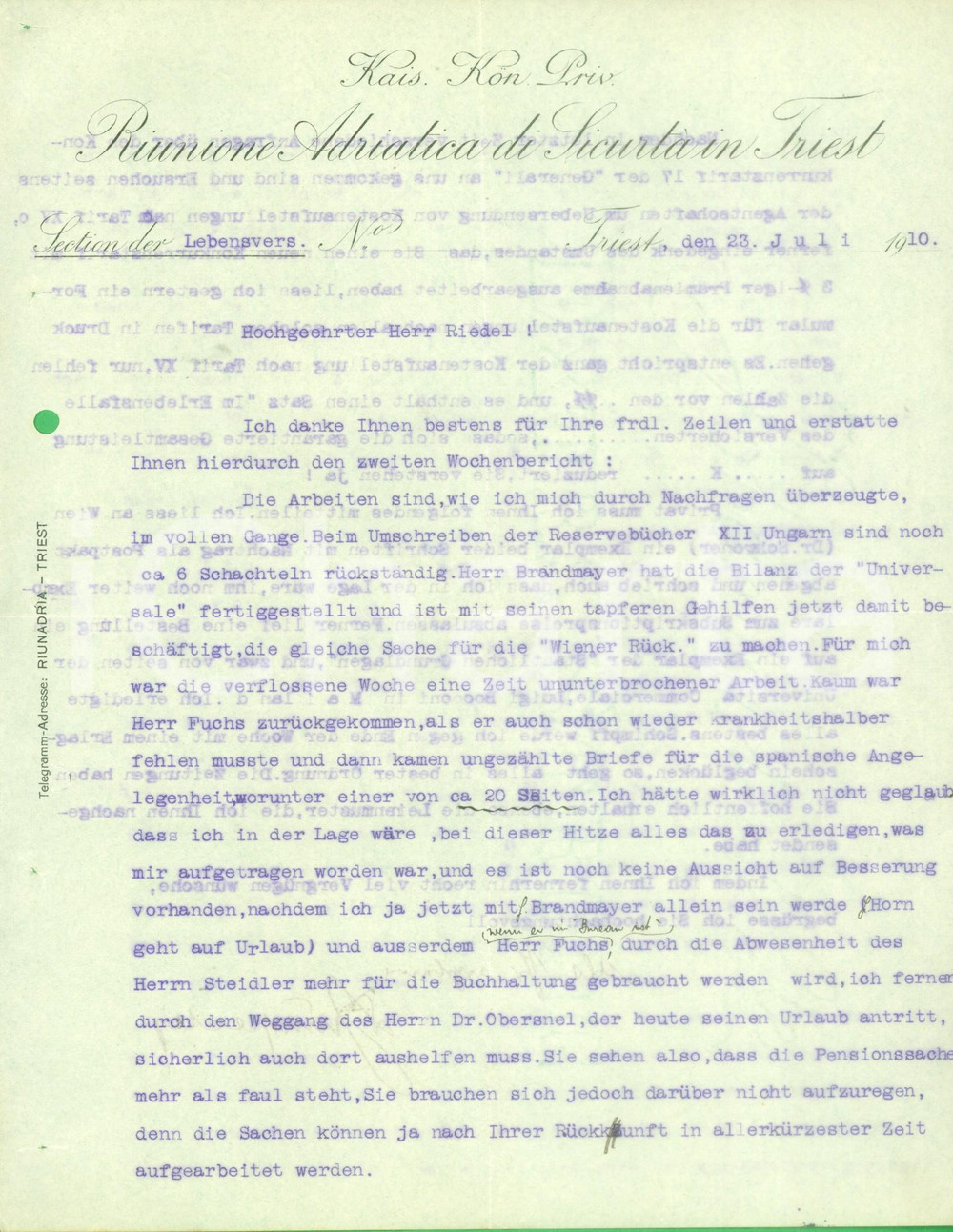 Documento originale, autentico 1910 TRIESTE Riunione Adriatica di SicurtÃ  in Triest Lettera commerciale 1