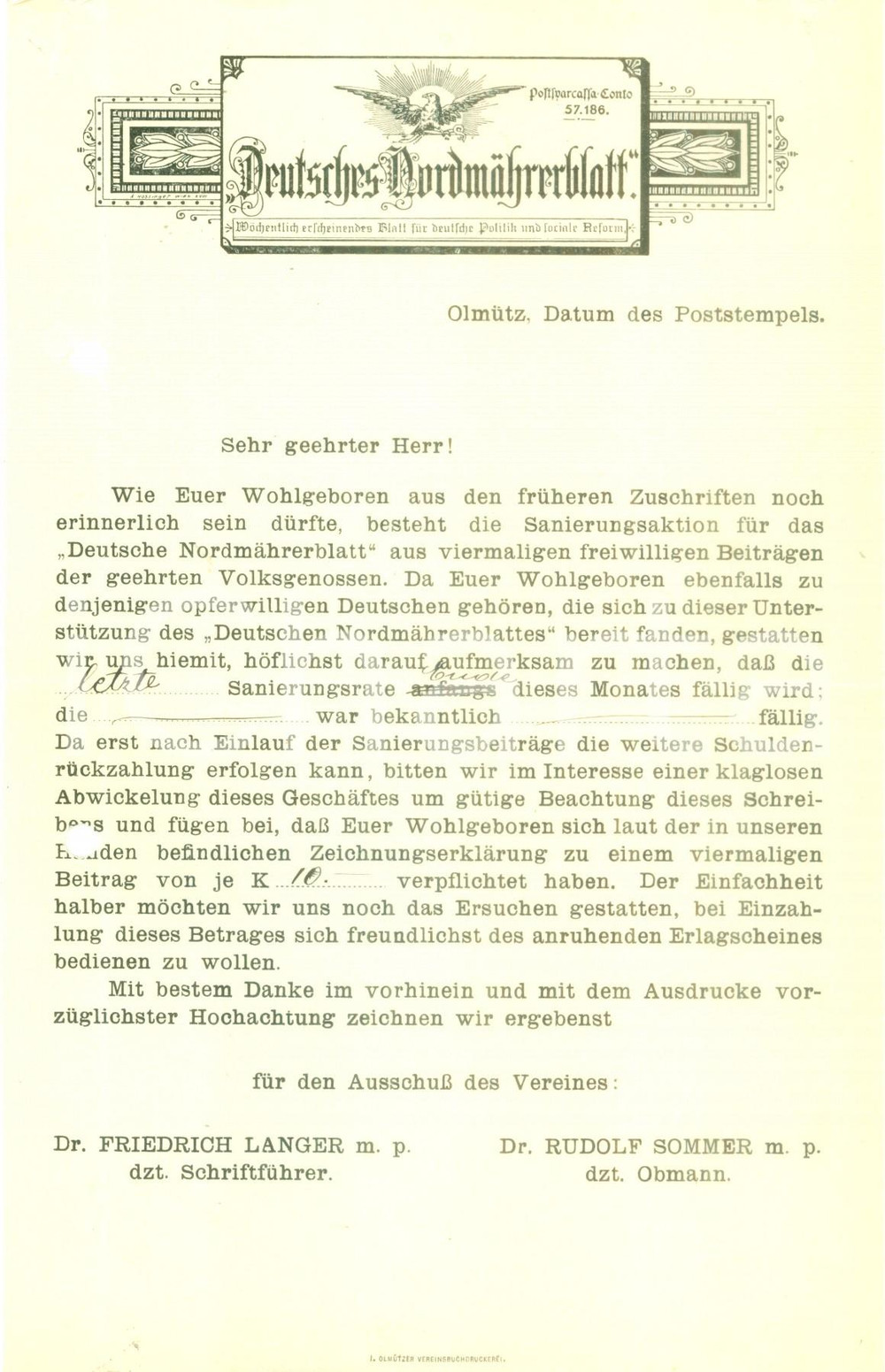 Documento originale, autentico 1910 OLMUTZ REPUBBLICA CECA Deutsches NordmÃ¤hrerblatt Lettera commerciale 1
