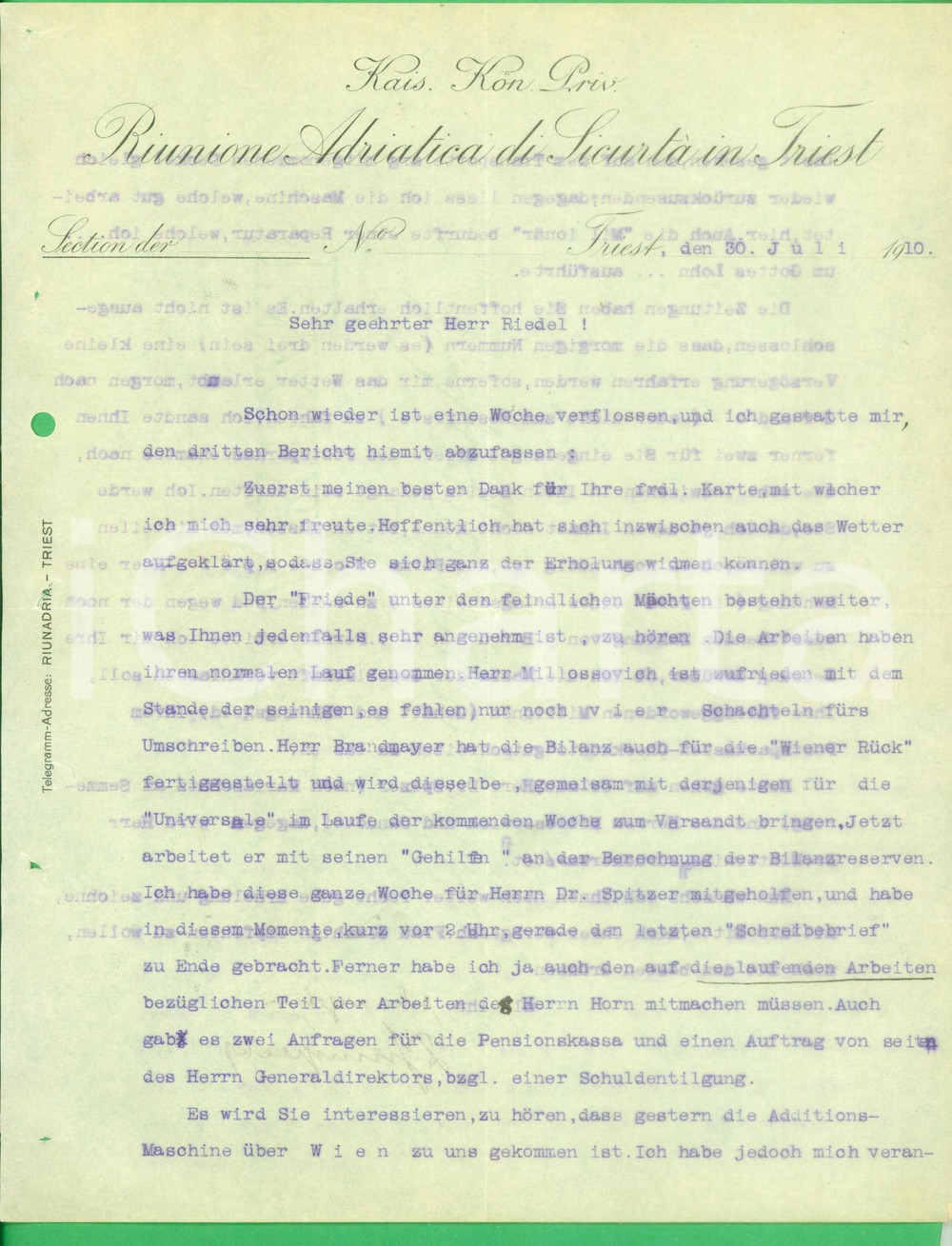 Documento originale, autentico 1910 TRIESTE Riunione Adriatica di SicurtÃ  Lettera commerciale 1