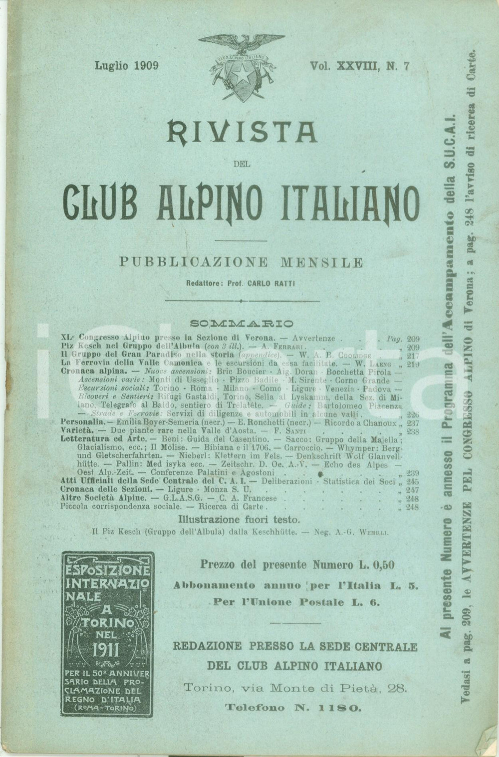Giornale, rivista storica 1909 RIVISTA CLUB ALPINO ITALIANO Ferrovia della VALLE CAMONICA Rivista XXVIII 7 1