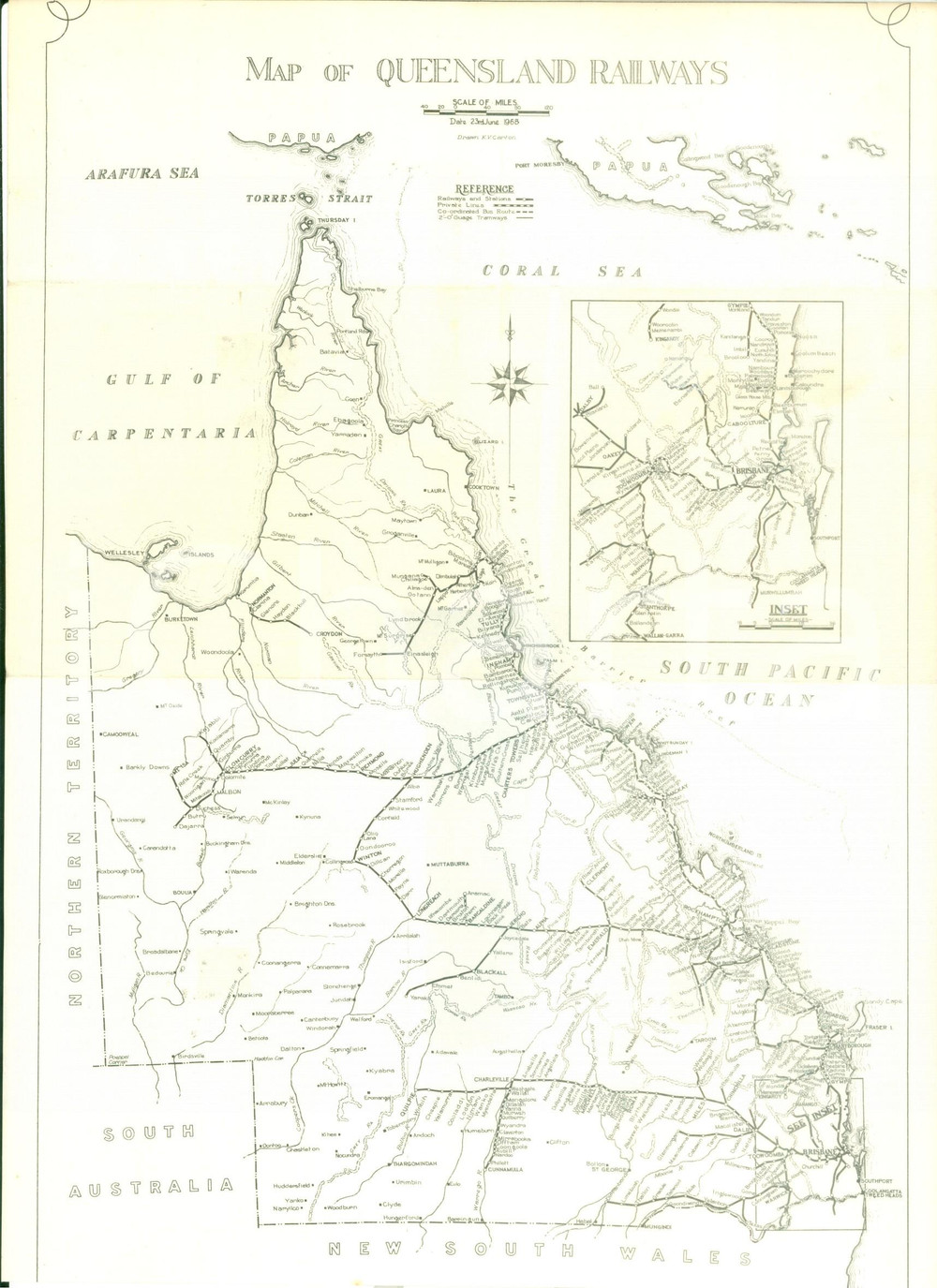 Mappa, planimetria storica 1965 ca SOUTH AUSTRALIA Mappa delle QUEENSLAND RAILWAYS Locandina 1