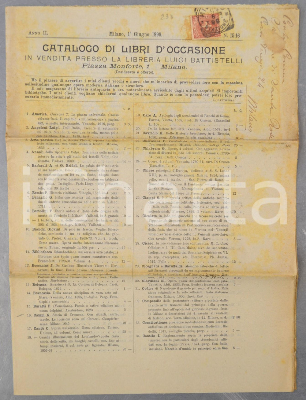 Libro, pubblicazione d epoca 1899 MILANO Libreria Luigi BATTISTELLI Catalogo libri d occasione in vendita 1