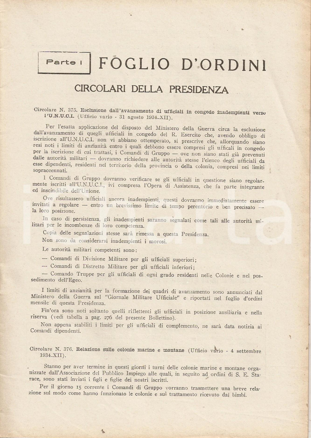 Documento originale, autentico 1934 ROMA U.N.U.C.I. Foglio d ordini Ufficiali alle Grandi Manovre Pubblicazione 1