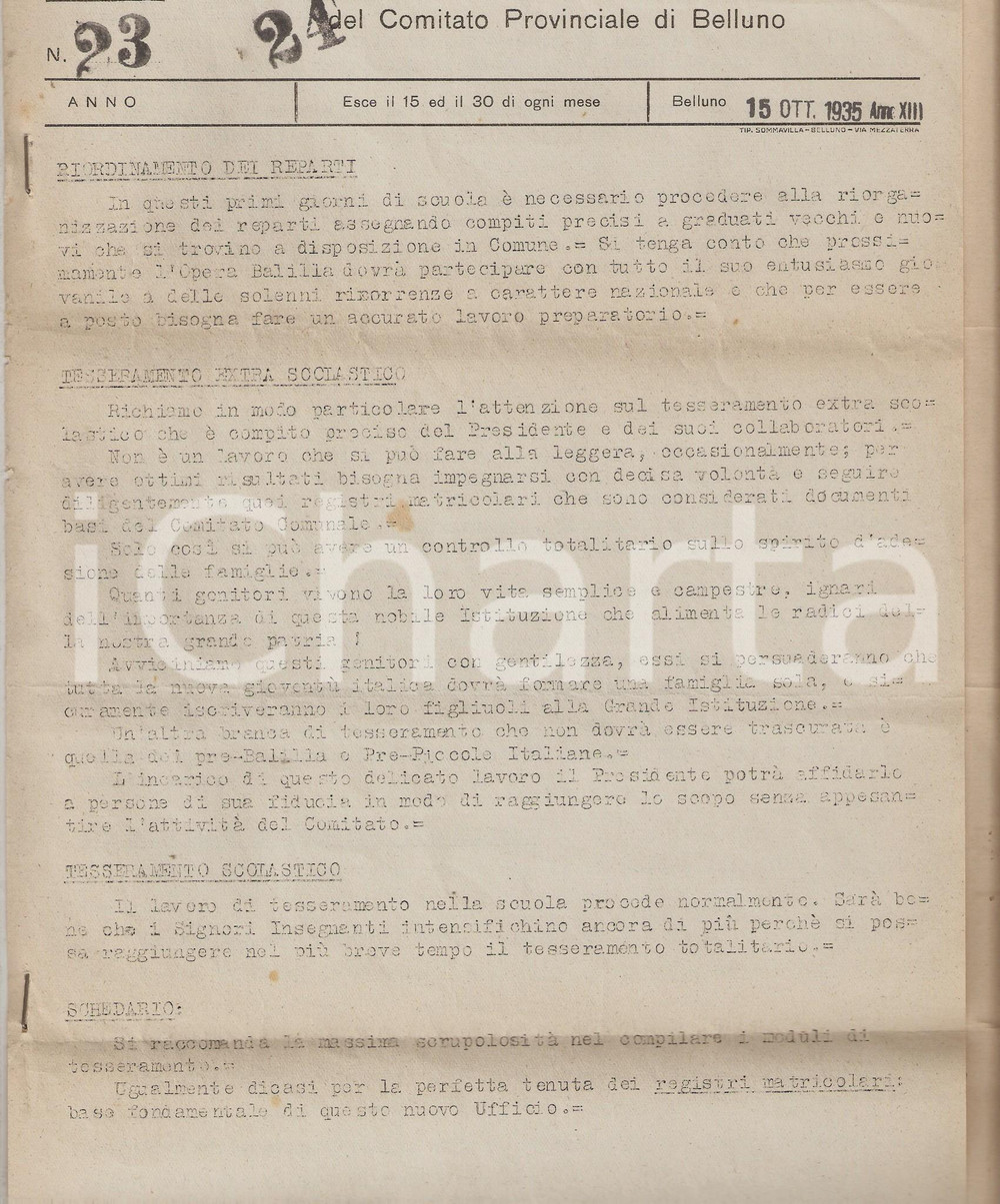 Documento originale, autentico 1935 BELLUNO Bollettino Opera BALILLA Riordinamento reparti organizzazione corsi 1