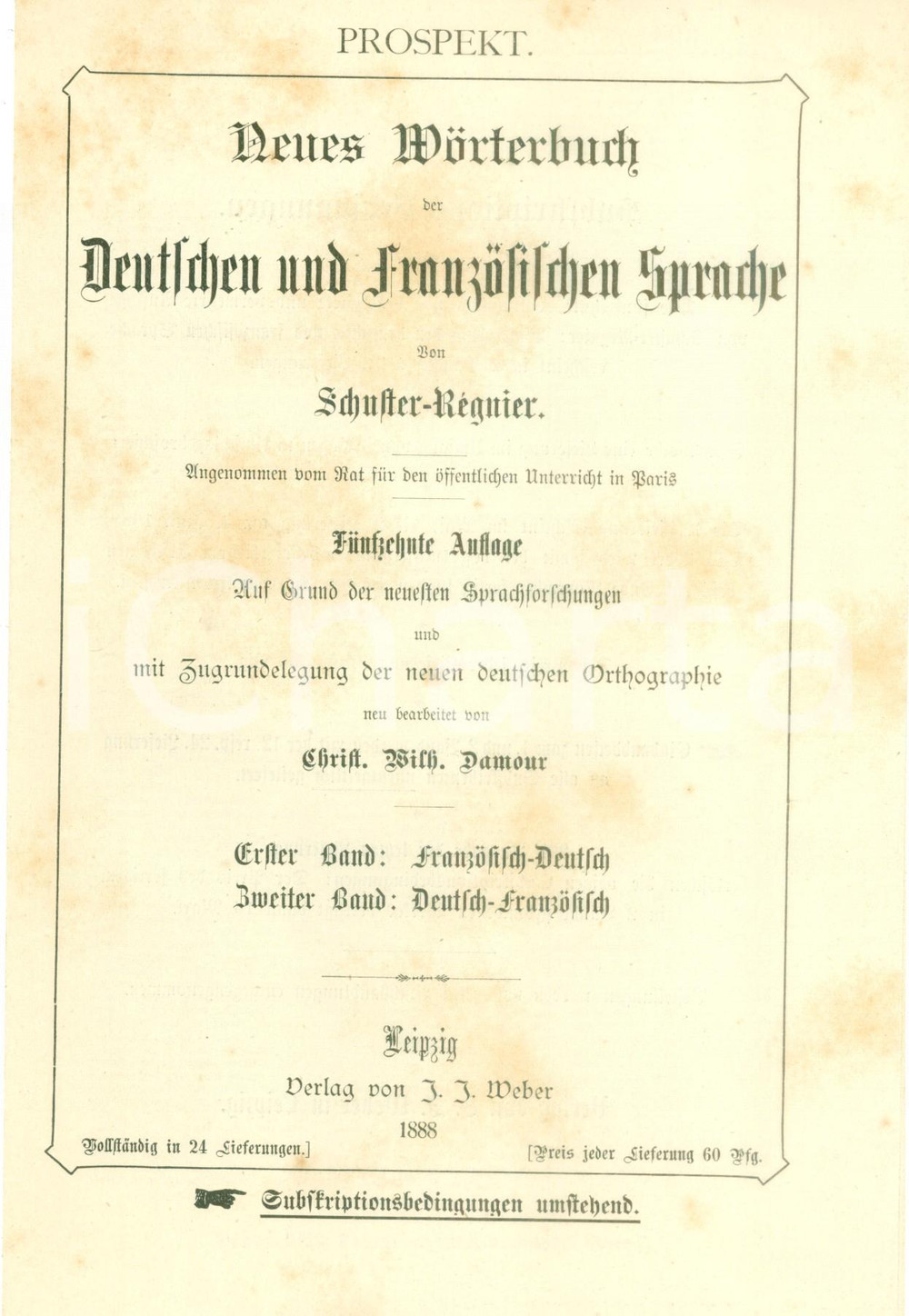 1888 LEIPZIG Prospetto per Vocabolario tedesco-francese di SCHULTER-REGNIER