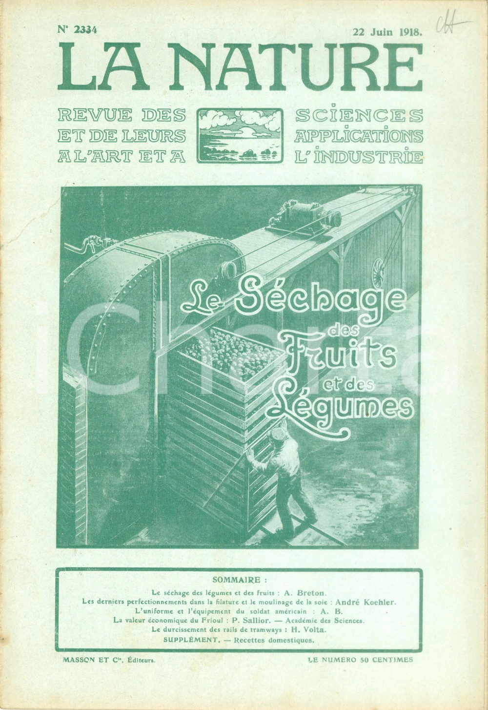 Giornale, rivista storica 1918 LA NATURE Le sÃ©chage des Fruits et des LÃ©gumes Revue nÂ° 2334 1