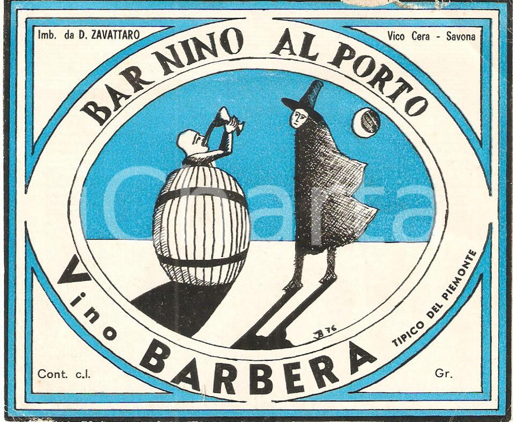 Materiale pubblicitario d’epoca 1960 ca SAVONA Bar Nino al Porto Etichetta Barbera ILLUSTRATA 1
