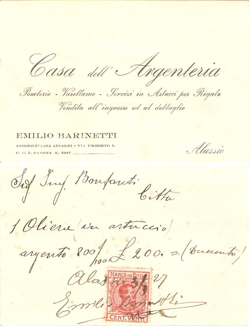 Oggetto da collezione cartaceo 1927 ALASSIO SV Casa dell Argenteria Emilio BARINETTI Biglietto da visita 1