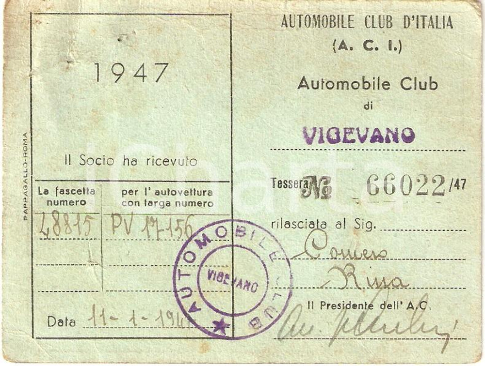 1947 VIGEVANO (PV) Tessera ACI Automobile Club d'Italia