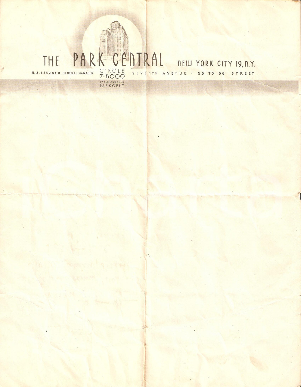 Oggetto da collezione cartaceo 1960 ca NEW YORK CITY Hotel PARK CENTRAL Carta da lettere DANNEGGIATA 1