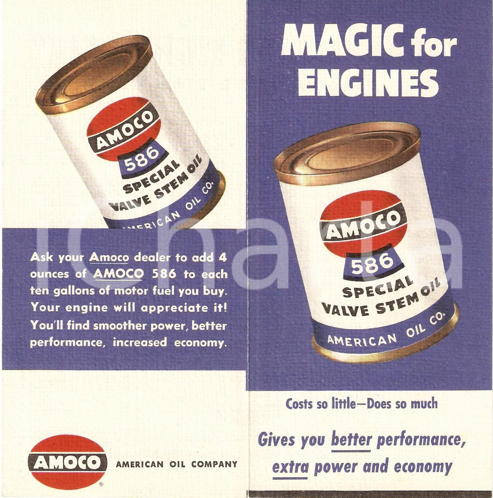 Materiale pubblicitario d’epoca 1955 ca AMOCO 586 American Oil Company Special valve stem oil Volantino 1