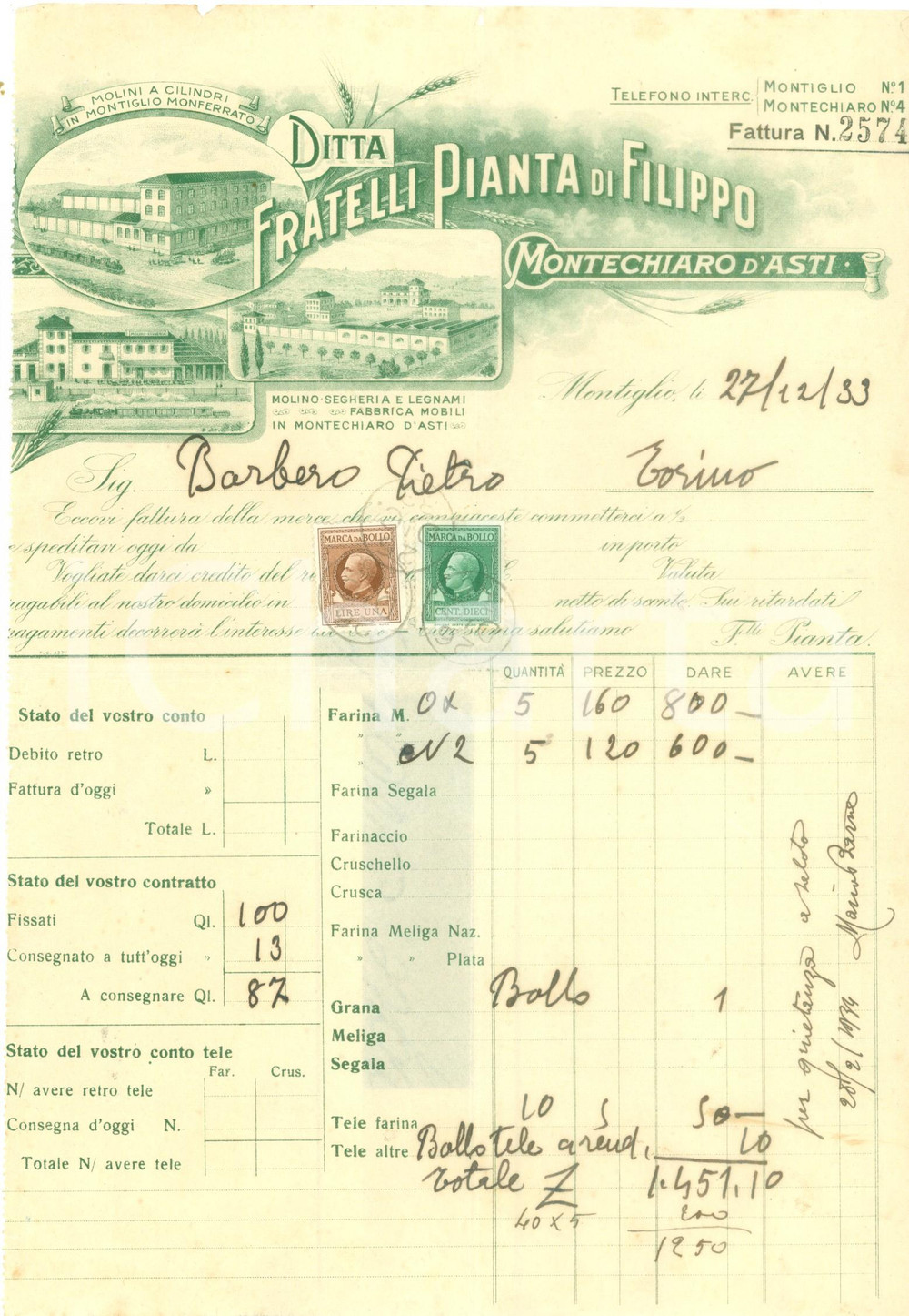 Documento originale, autentico 1933 MONTECHIARO D ASTI Ditta Fratelli PIANTA Molino segheria Fattura illustrata 1