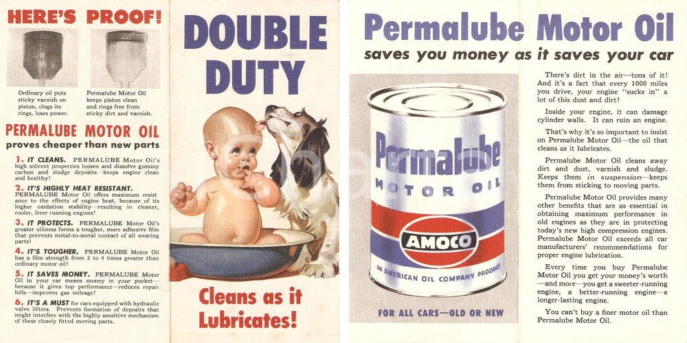 Materiale pubblicitario d’epoca 1955 ca AMERICAN OIL COMPANY Permalube motor oil AMOCO Volantino 1
