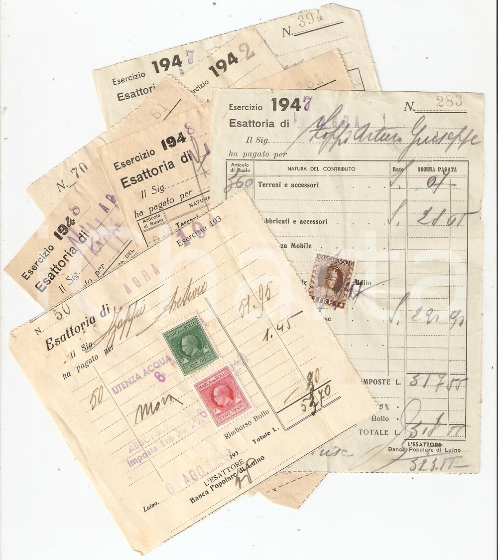 Documento originale, autentico 1942 1948 AGRA VA Ricevute di esattoria Lotto 6 documenti 1