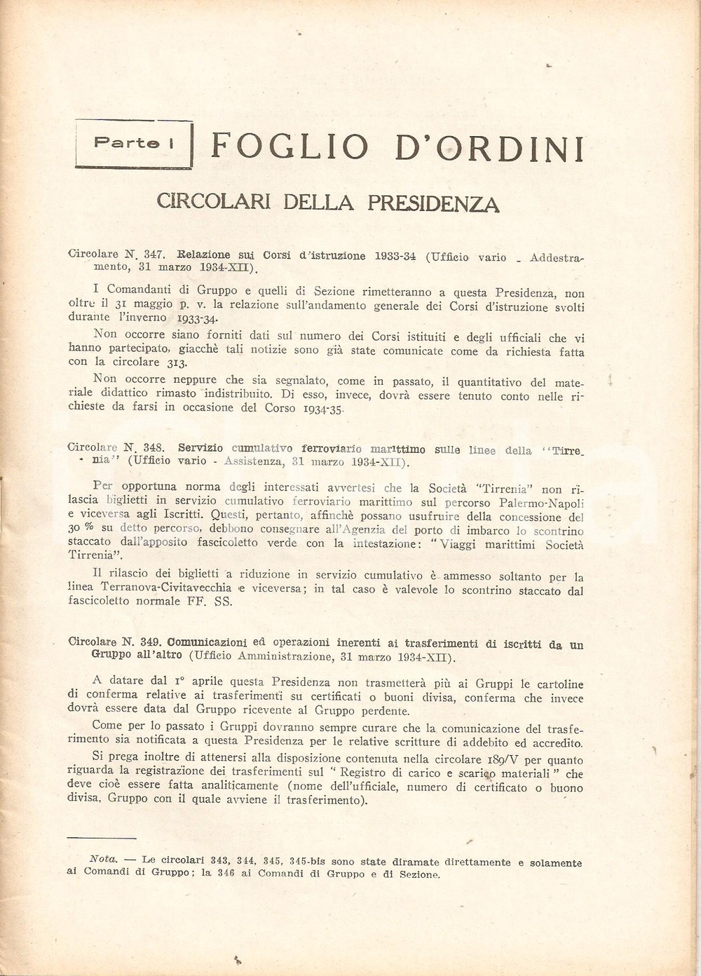 Documento originale, autentico 1934 ROMA U.N.U.C.I. Foglio d ordini Esercitazioni gruppi di addestramento 1