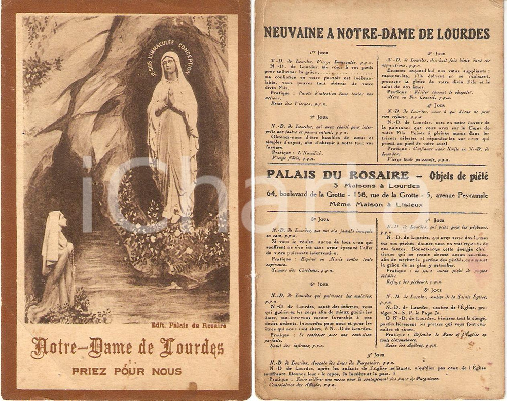 Materiale pubblicitario d’epoca 1950 ca LOURDES Neuvaine PALAIS DU ROSAIRE Cartoncino ILLUSTRATO 1