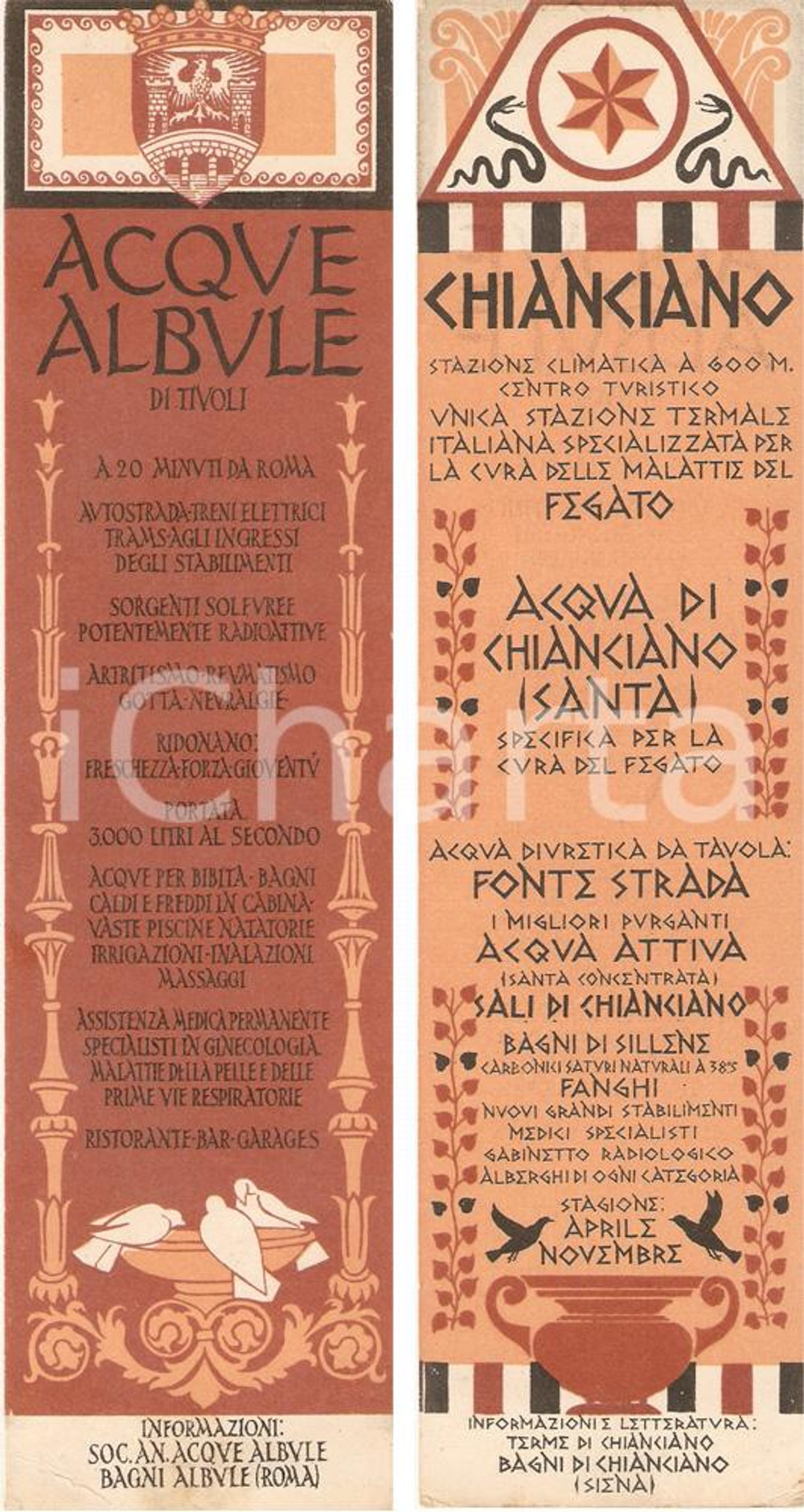 Oggetto da collezione cartaceo 1965 ca CHIANCIANO TERME Acque albule di TIVOLI Segnalibro Istituti termali 1